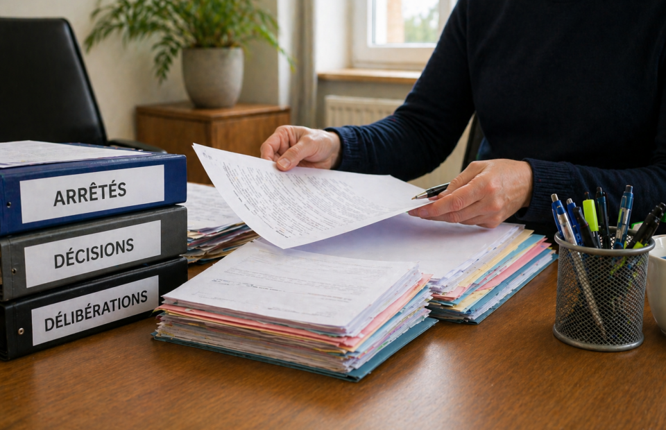 Bureau d'accueil de mairie avec des dossiers