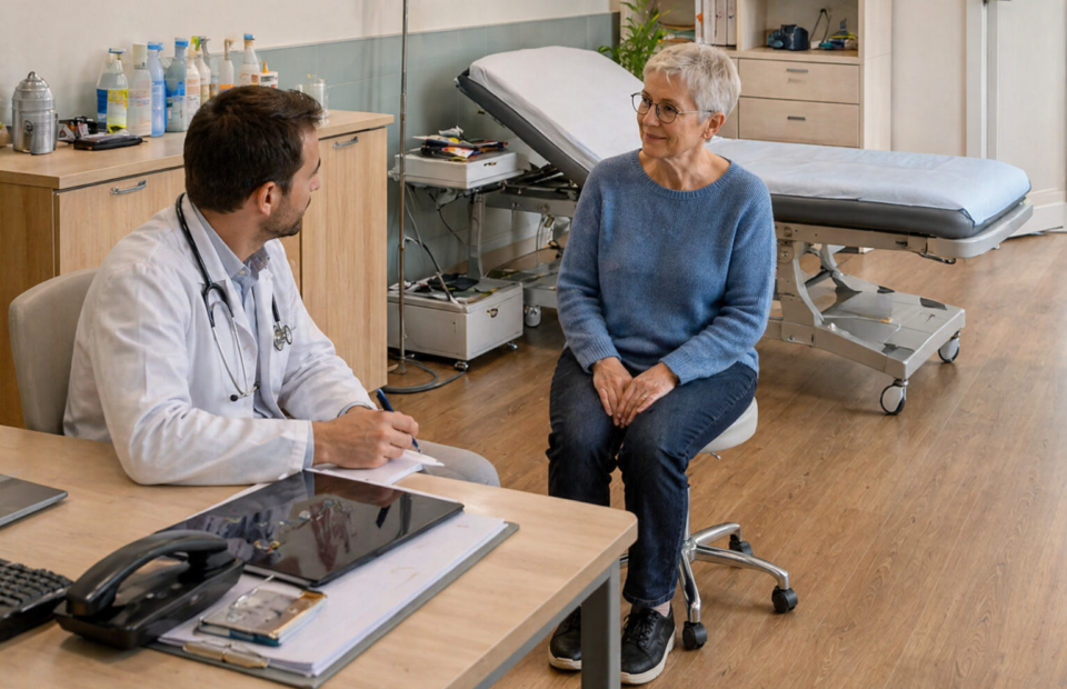 Une personne âgée dans un cabinet médical devant son médecin