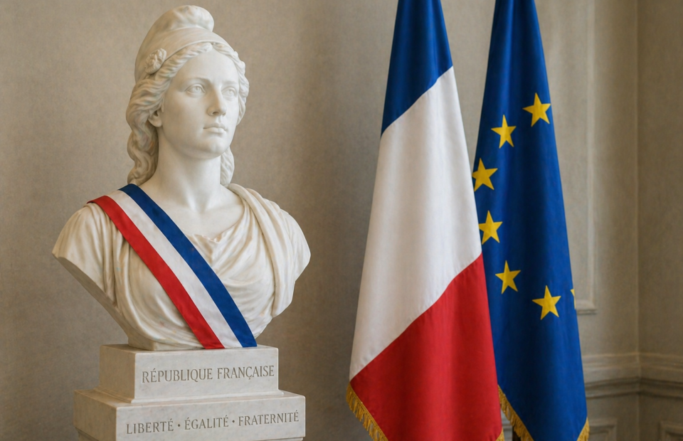 Buste de Marianne avec drapeaux français et européen