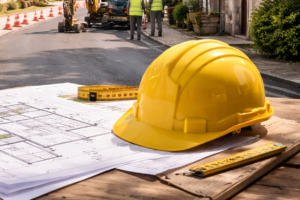 Casque de chantier sur une table avec un plan de construction