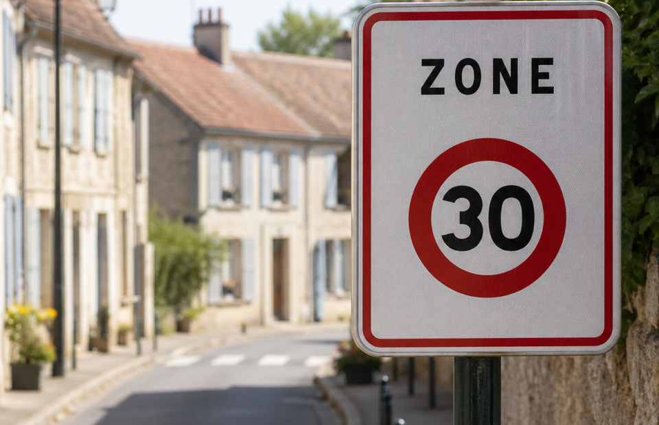 Panneau de Zone 30 dans une rue de village