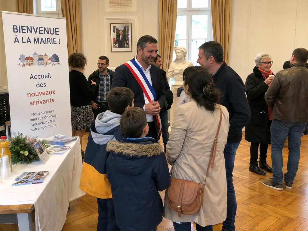Un maire discutant avec des administrés lors de la cérémonie aux nouveaux arrivants