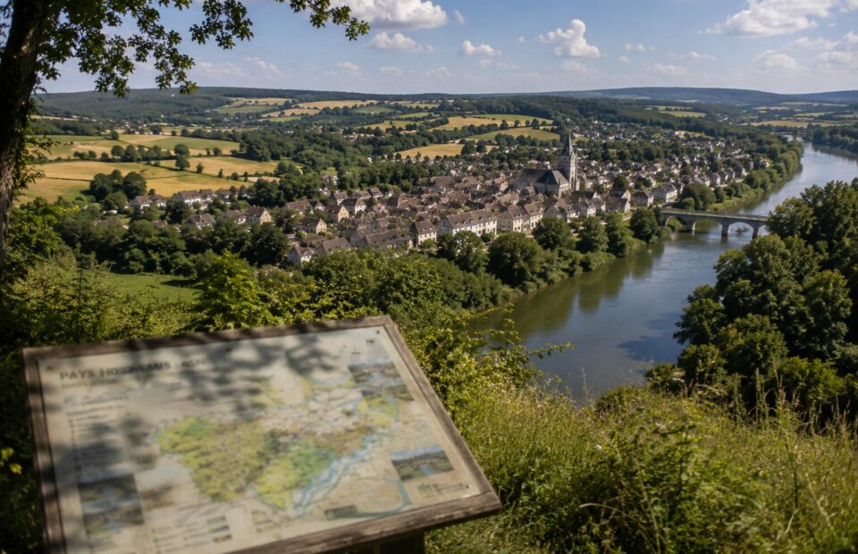 Vue sur un village depuis une table d'observation