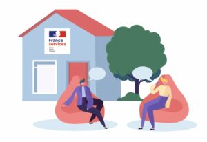 Visuel d'une maison France service et de 2 personnes assises dans des fauteuils