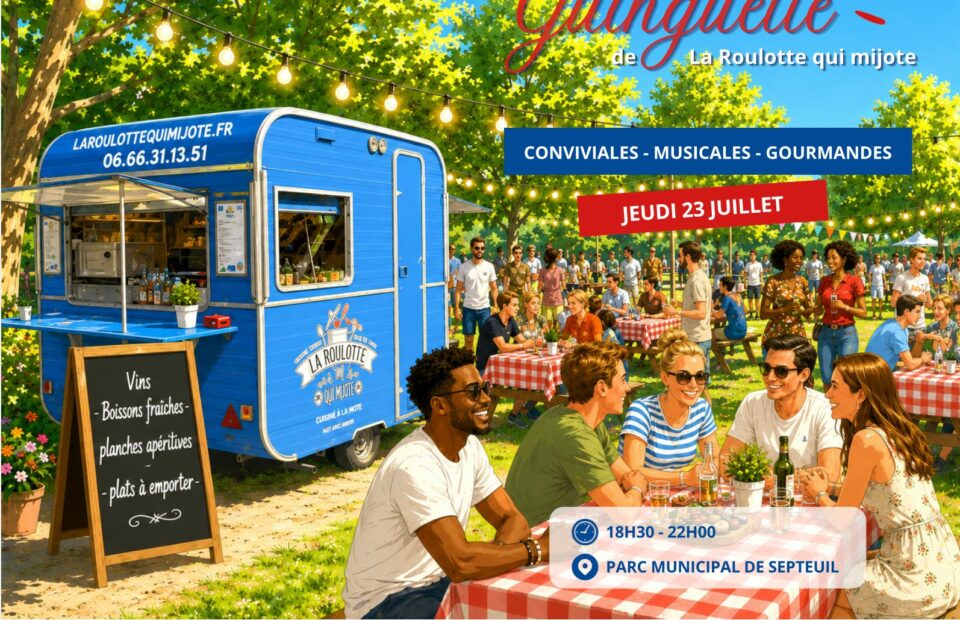 Visuel de l'affiche de la soirée guinguette de juillet. La roulotte qui mijotte dans un cadre festif avec des personnes discutant autour d'une table